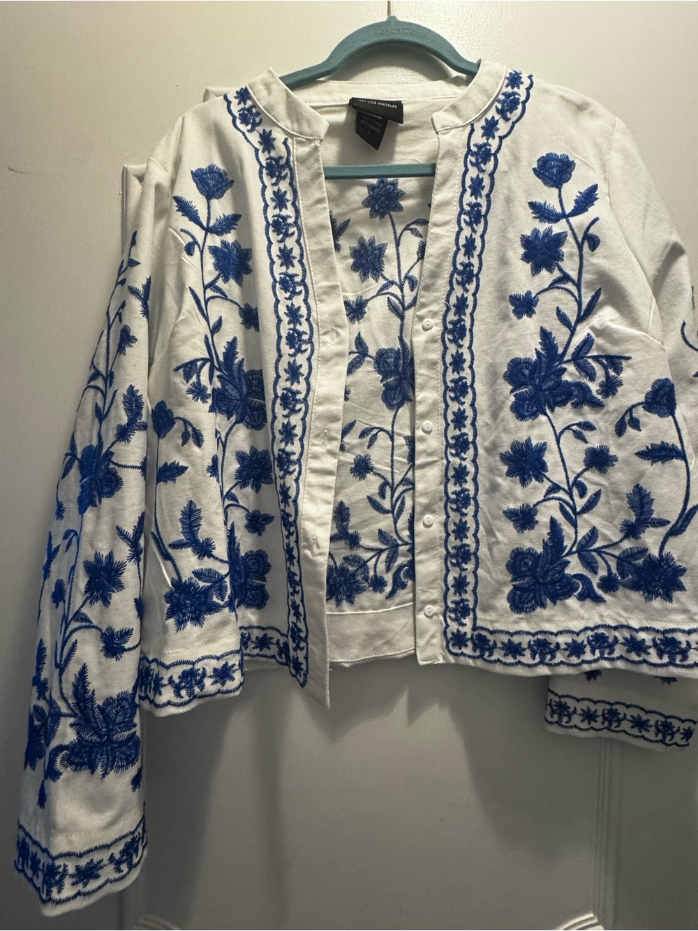 White Blazer with Blue Floral Embroidery